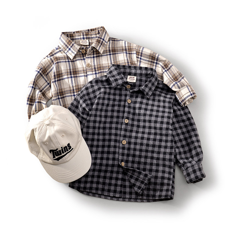 班比纳童装2023春季新款男童衬衫长袖中大童格子衬衣儿童上衣