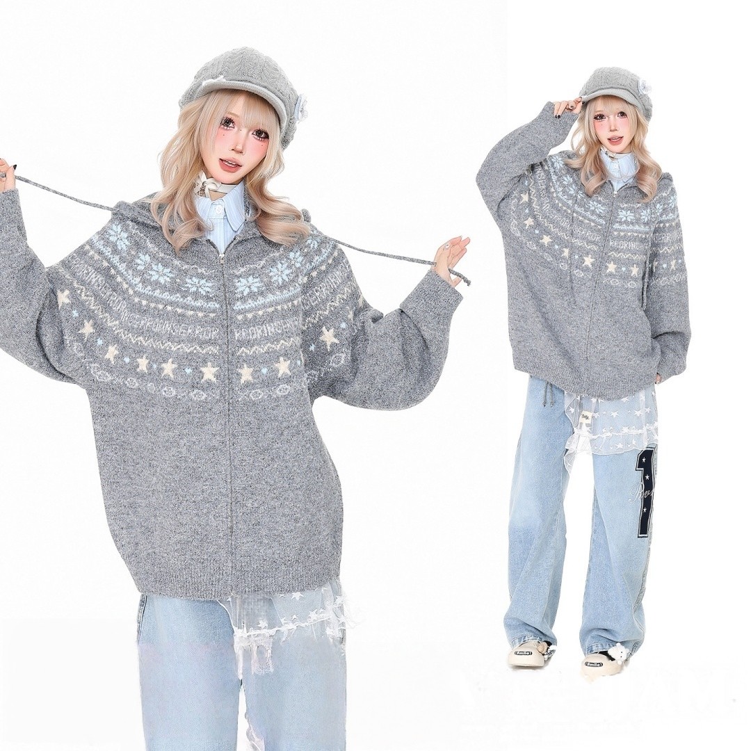 复古费尔岛开衫毛衣男女秋冬季休闲显瘦宽松慵懒风连帽针织衫外套