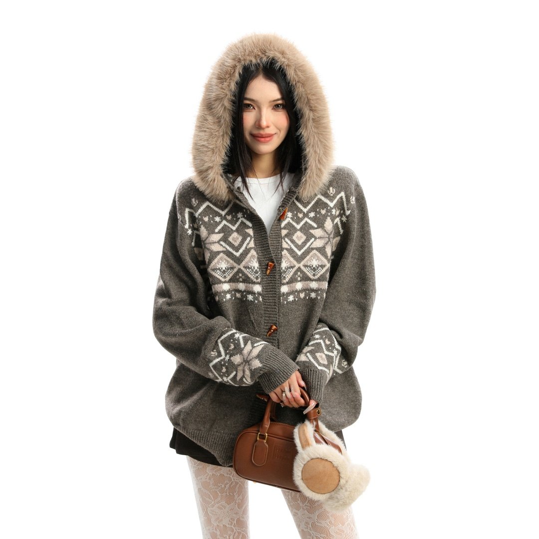 费尔岛复古毛领牛角扣毛衣男女秋冬季慵懒风开衫外套连帽针织衫潮