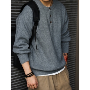 美式复古重磅亨利领毛衣男款秋冬季保暖竖线高级氛围感百搭针织衫