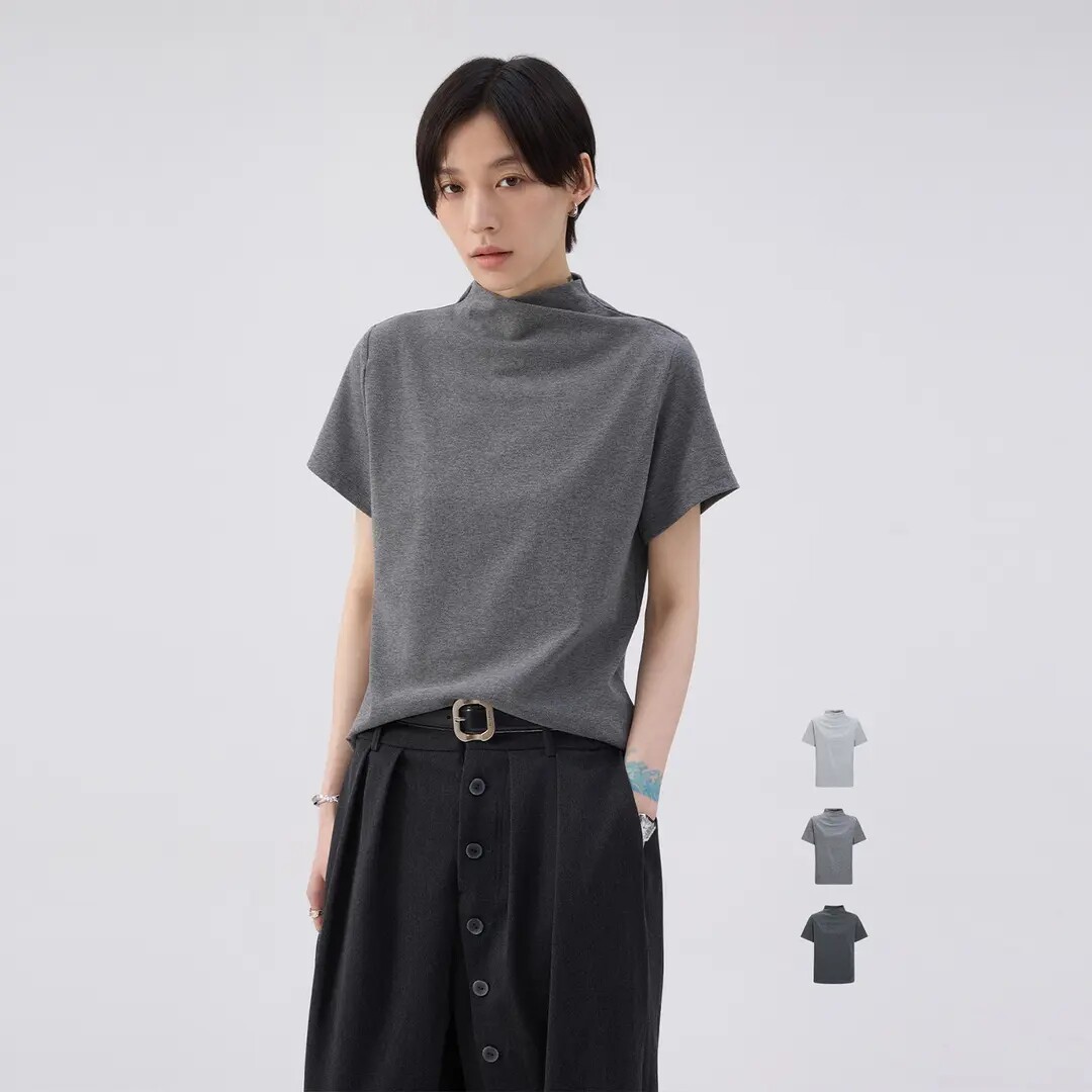 「烟灰」肌理感显瘦百搭短袖t恤男女正肩修身上衣夏季