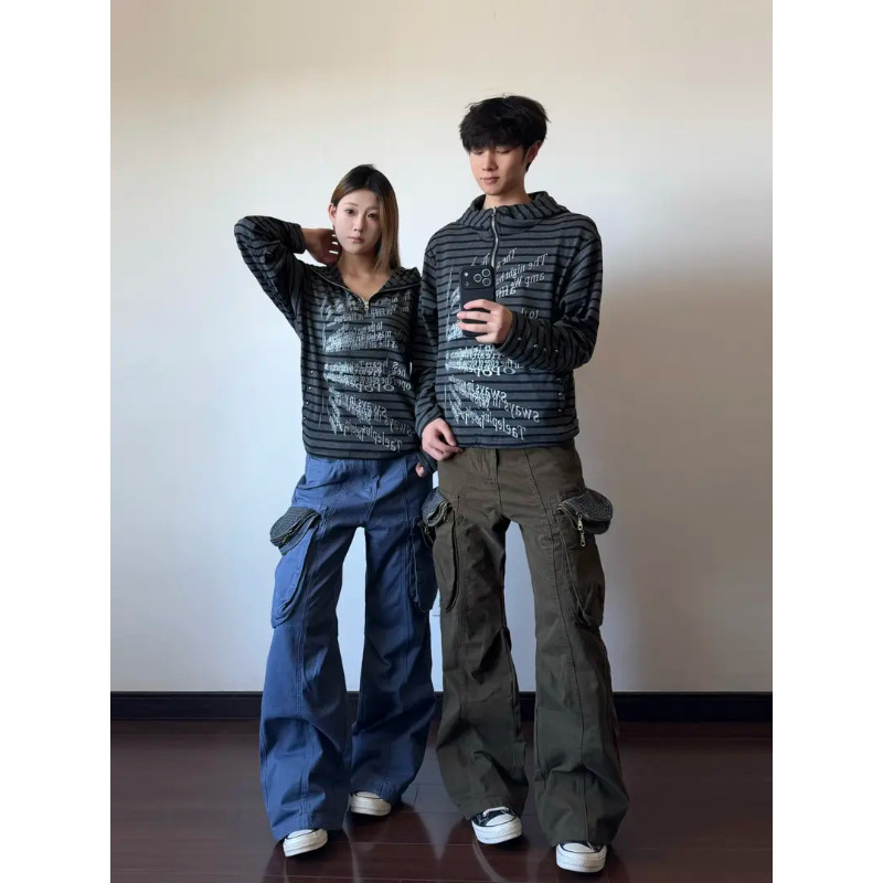 美式街头条纹连帽长袖男女半拉链字母印花y2k亚文化上衣