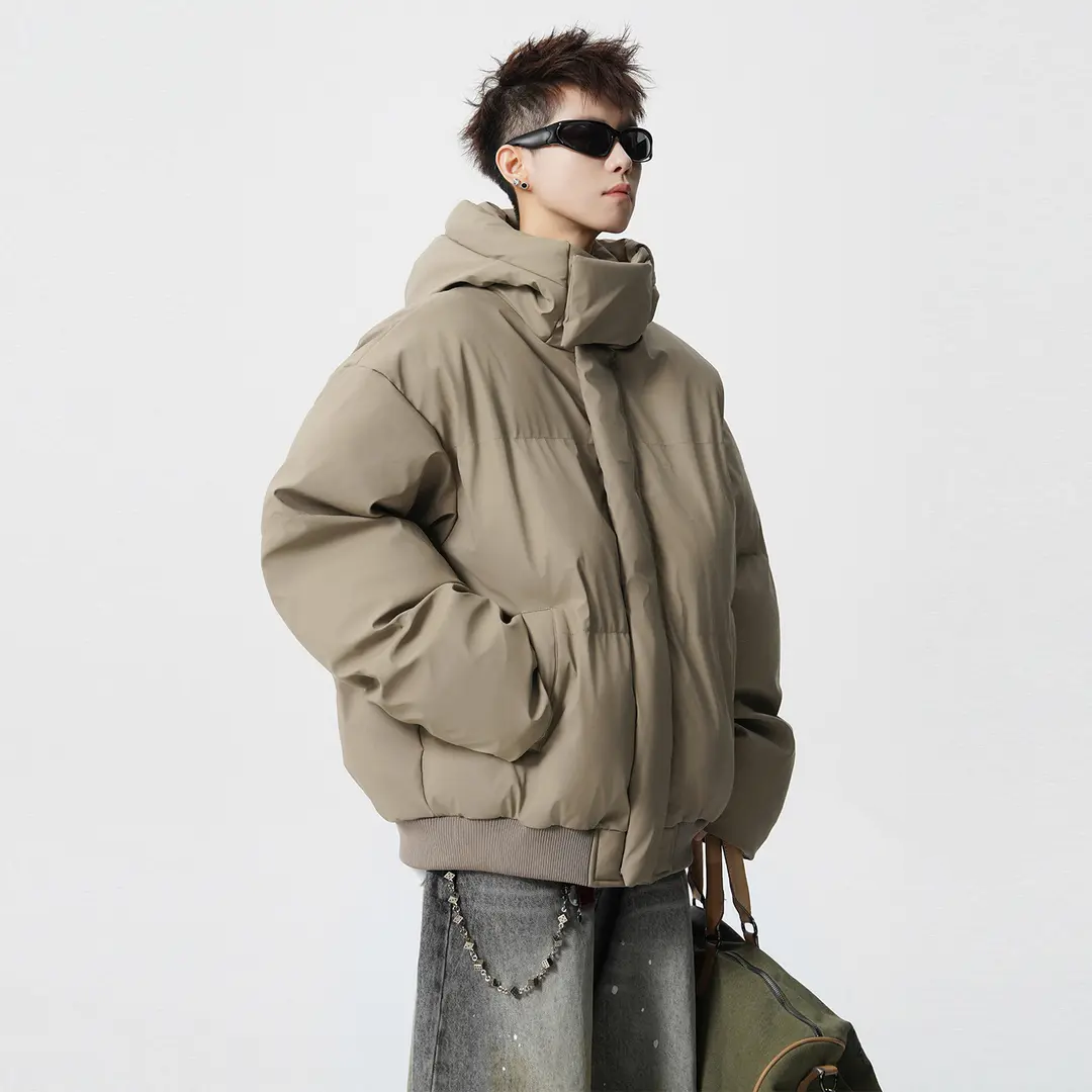 美式高领连帽PU皮棉服男冬季潮牌加厚廓形面包服保暖棉衣外套