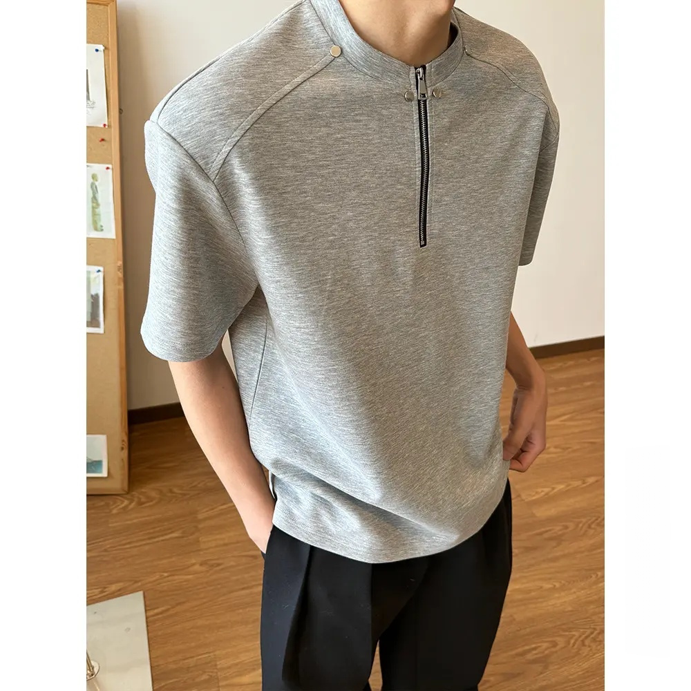 太空棉高级感半拉链垫肩t恤短袖男cleanfit美式高街设计感半袖