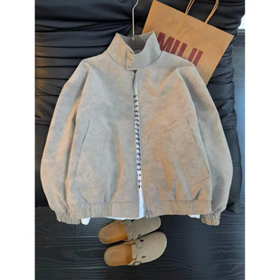 美式立领扎染PU皮衣夹克棉服男款冬季加厚保暖棉衣短款机车服外套