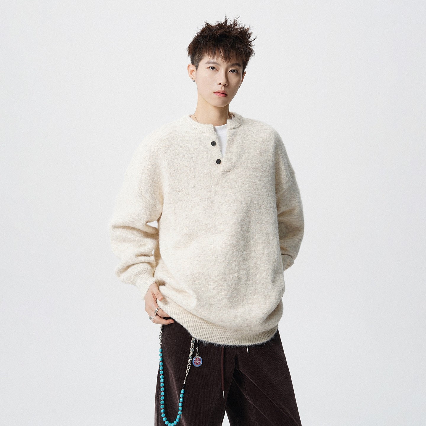 美式重磅亨利领打底针织毛衣男款秋季新款潮牌宽松慵懒风套头线衫