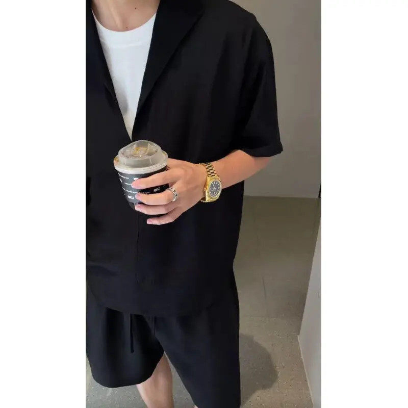 老钱风短袖 短裤假两件套装男款夏季轻薄速干衬衫裤子