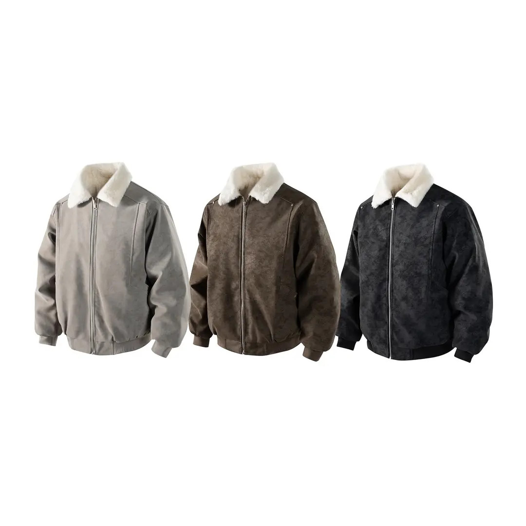 秋冬季毛领雾面PU皮夹克男款加绒加厚棉服宽松保暖美拉德夹棉外套