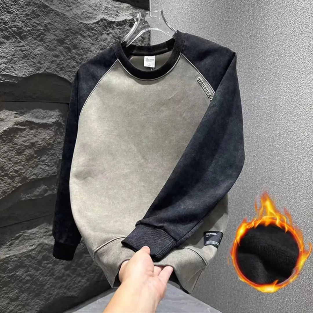 韩版圆领男士卫衣撞色拼接设计感休闲衣服青年扎染加绒上衣成熟风