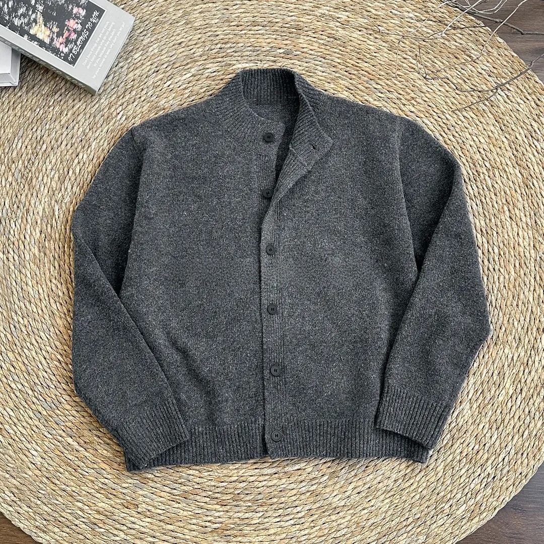 秋冬季花纱混纺半高领毛衣高克重百搭灰色老钱风开衫针织衫男女