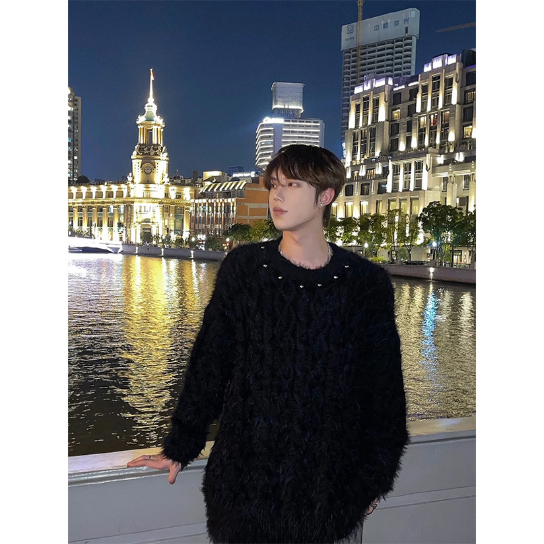 黑色圆领毛衣男秋冬款日系慵懒风金属设计感青少年软糯针织衫上衣