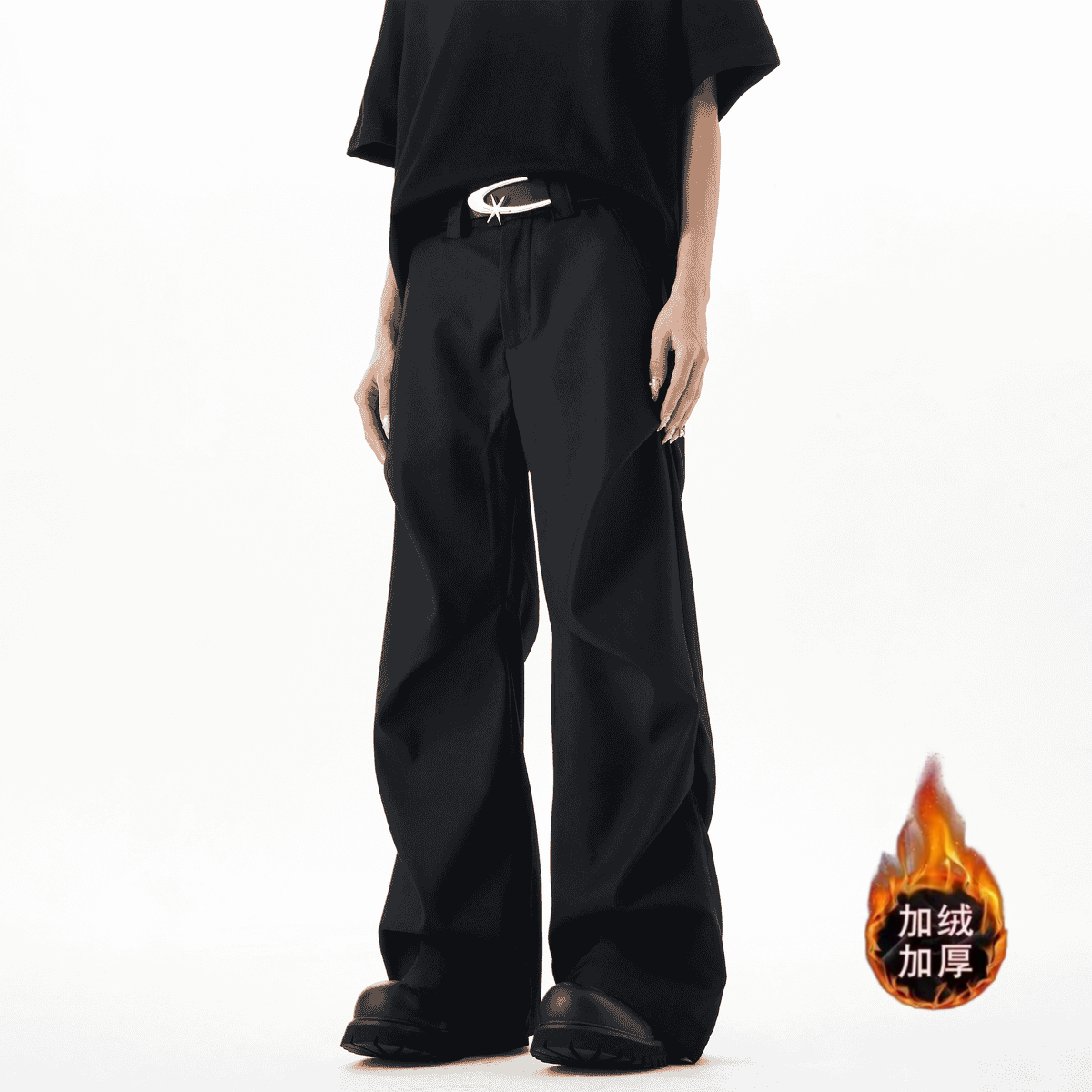 秋冬加绒美式褶皱黑色西裤男垂坠感直筒拖地休闲西装裤高级感裤子