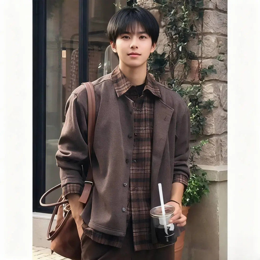 美式复古假两件毛衣开衫外套男款美拉德老钱风格子针织衫翻领夹克