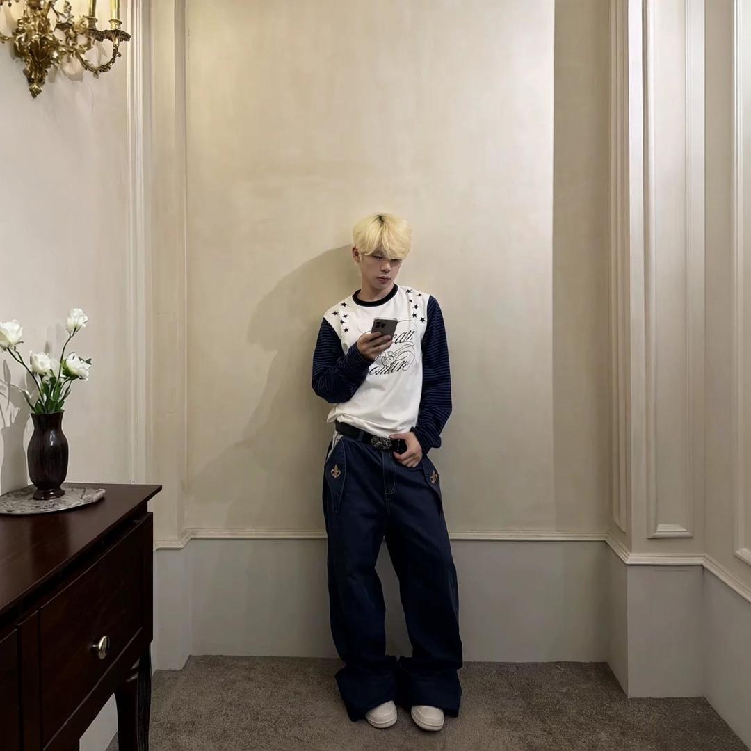 美式复古星星印花条纹拼接正肩长袖t恤男秋季情侣圆领打底衫上衣图片