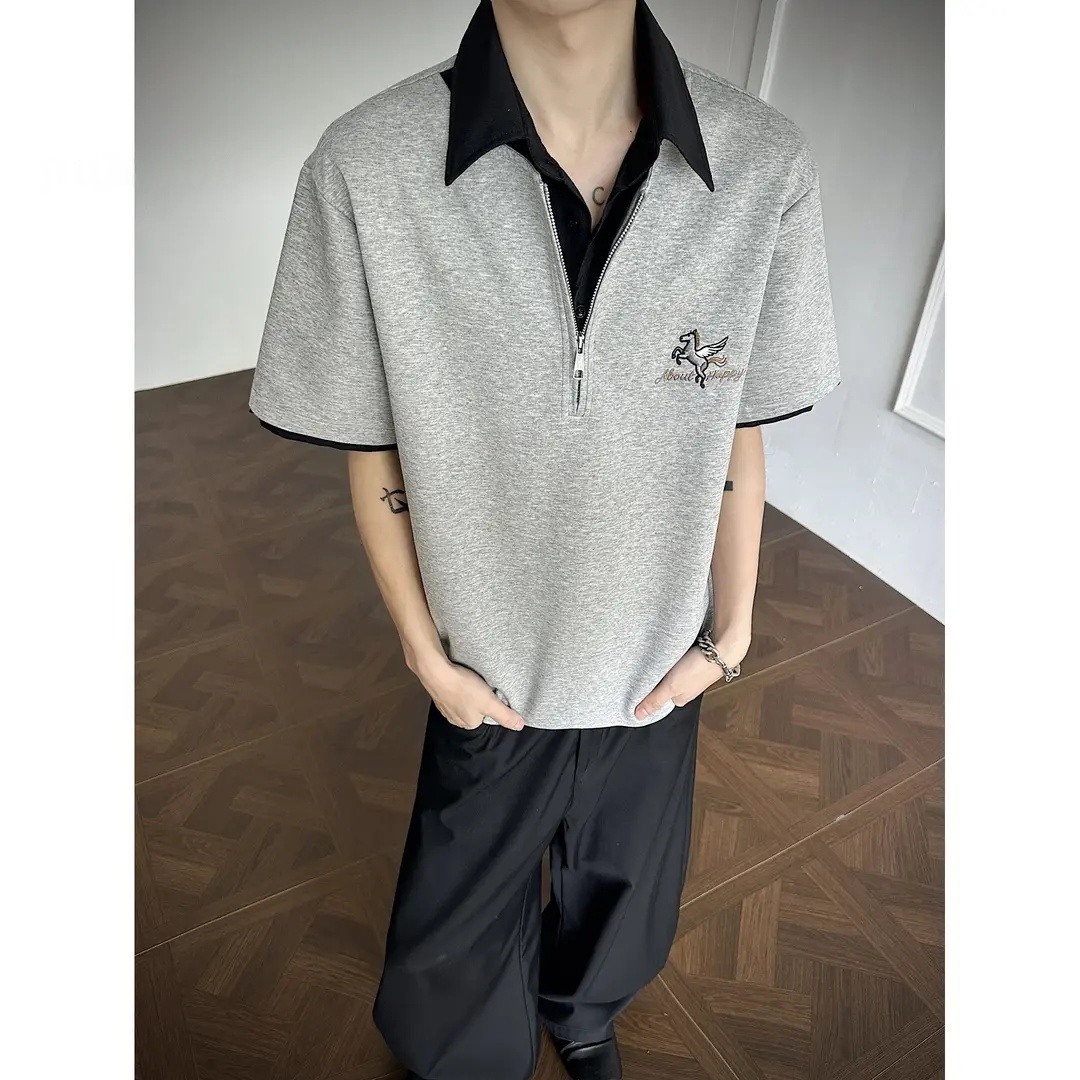 假两件拼接衬衫领t恤男夏季美式复古拉链短袖上衣学院风半袖上衣