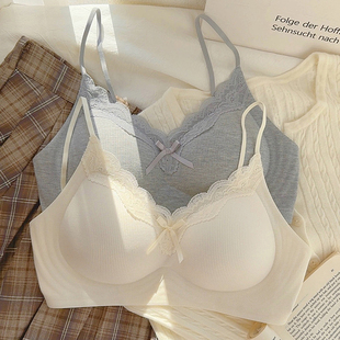 蕾丝细肩带固定杯文胸 外扩漫画胸内衣女小胸聚拢薄款 复古蕾丝