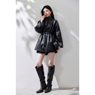 韩版时尚黑色皮衣羽绒服女秋冬新款洋气显瘦气质收腰风衣款外套