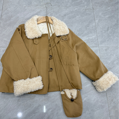 清仓福利 羊羔毛翻领羽绒服女短款加厚保暖毛领外套卡其色派克服