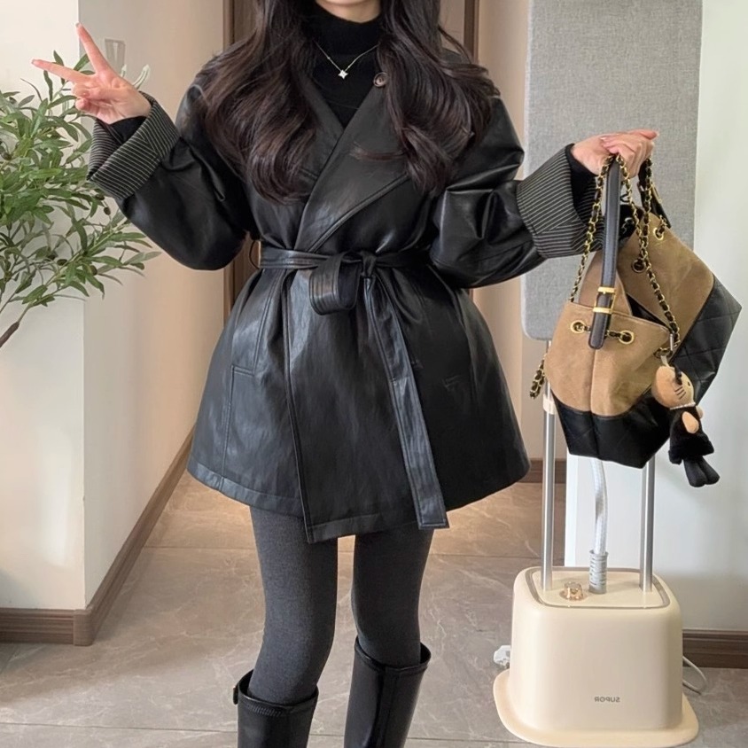 韩版黑色中长款PU皮衣女系带收腰显瘦羽绒服外套