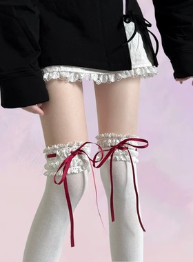 Lolita宽花边丝带温柔乡芭蕾袜子女春蝴蝶结中筒袜洛丽塔棉袜甜美
