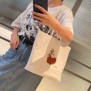 2025超火通勤手提單肩包韓版 大容量文藝卡通女孩帆布包托特包包女