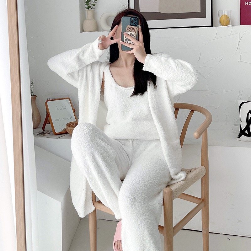 ins软绵绵睡衣女秋冬三件套半边绒保暖加厚开衫毛线针织家居服