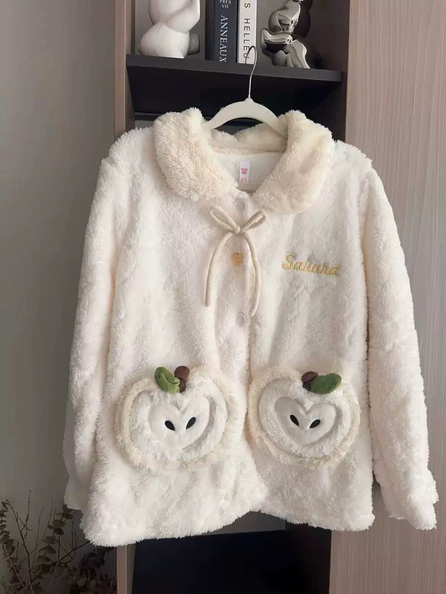 喔密哒秋冬珊瑚绒加厚双面雪妃绒绒保暖睡衣女甜美开衫家居服套装