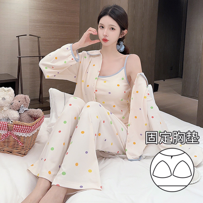 喔密哒秋冬季长袖吊带睡衣三件套女士美肤绒带胸垫家居服带胸垫