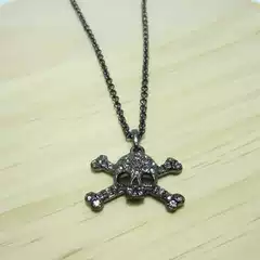 Titanium Black Full Diamond Small Skull Double Bone Saturn Necklace-B8103