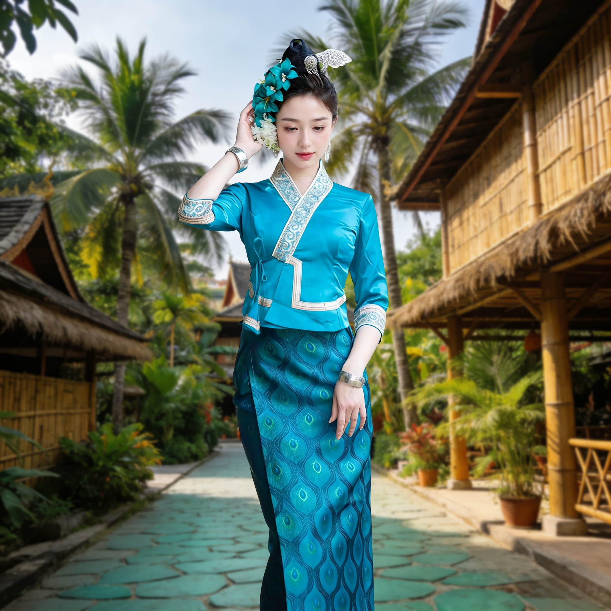 傣族服装女民族传统服装西双版纳工作服旅拍筒裙绿色蓝色白色舞蹈