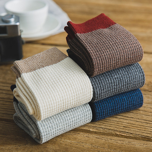 秋冬季双针休闲拼色商务男袜纯棉