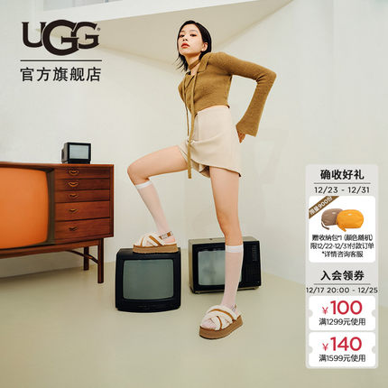 UGG春季女士休闲时尚交叉鞋面厚底舒适弹力束带毛毛凉鞋 1121550