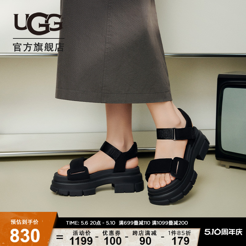 UGG夏季女士舒适粗跟厚底露趾魔术贴搭扣款休闲时尚凉鞋 1136764