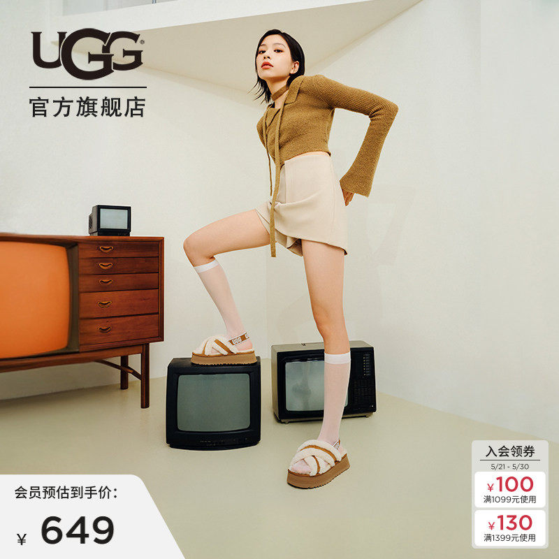 UGG春季女士休闲时尚交叉鞋面厚底舒适弹力束带毛毛凉鞋 1121550