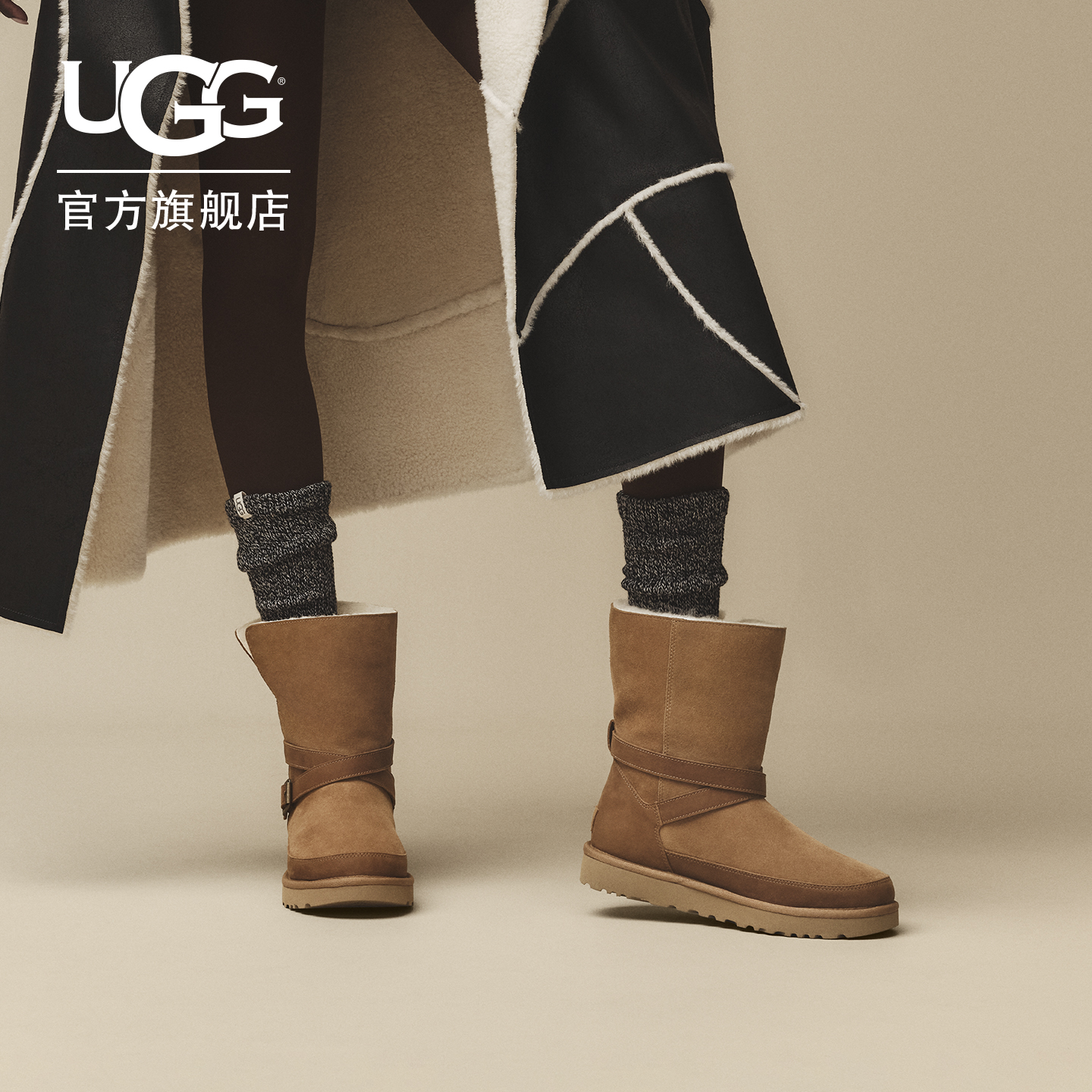 UGG平底搭扣圆头休闲短靴雪地靴