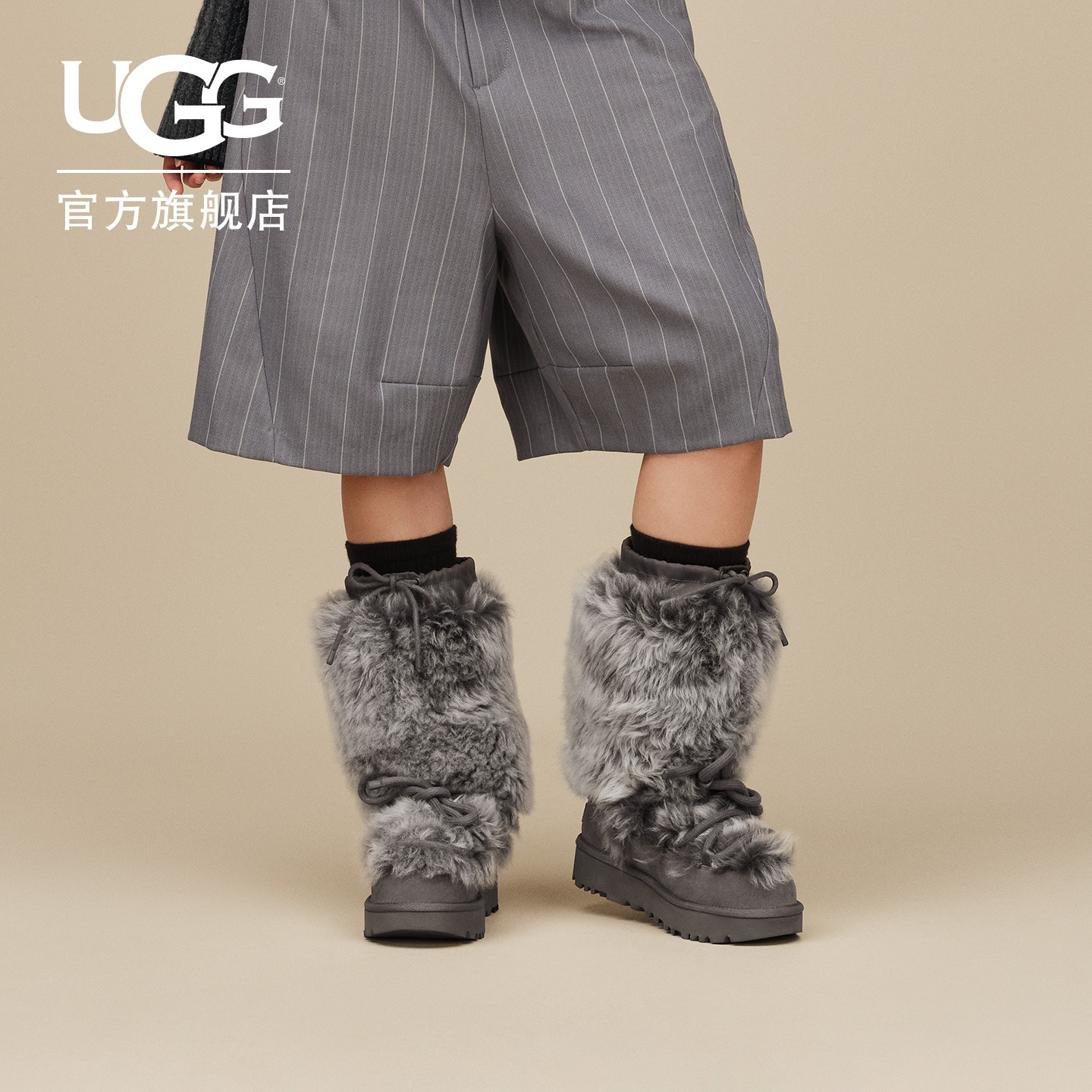 UGG厚底长毛款系带高筒靴雪地靴