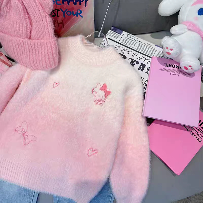 女童秋冬新款仿水貂毛加厚打底衫甜美圆领