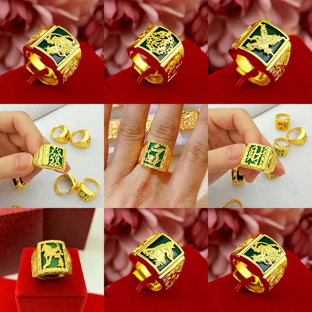 黄铜镀金开口戒指 越南沙金镶玉髓宝石发财福可调节男士指环