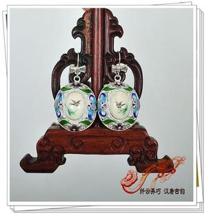 70年代老物件 925银花丝点蓝 汉唐古韵 手绘微雕针画 耳环 超大款