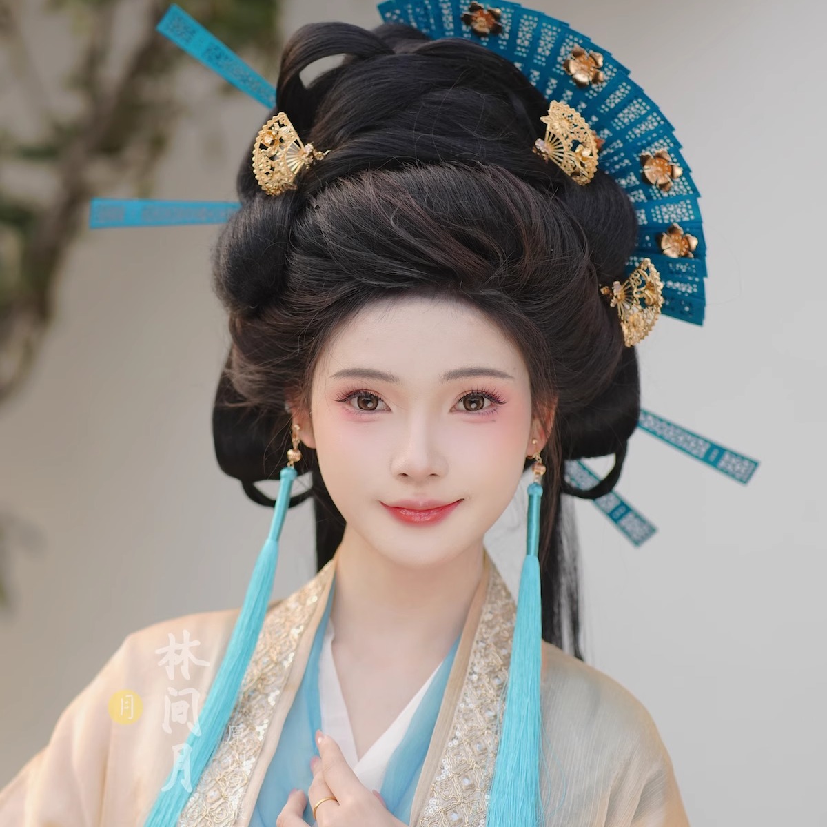 林间月原创【蓝屏雀】蓝色玄女扇子发冠套装流苏发饰发簪汉服配饰