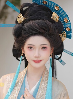 林间月原创【蓝屏雀】蓝色玄女扇子发冠套装流苏发饰发簪汉服配饰