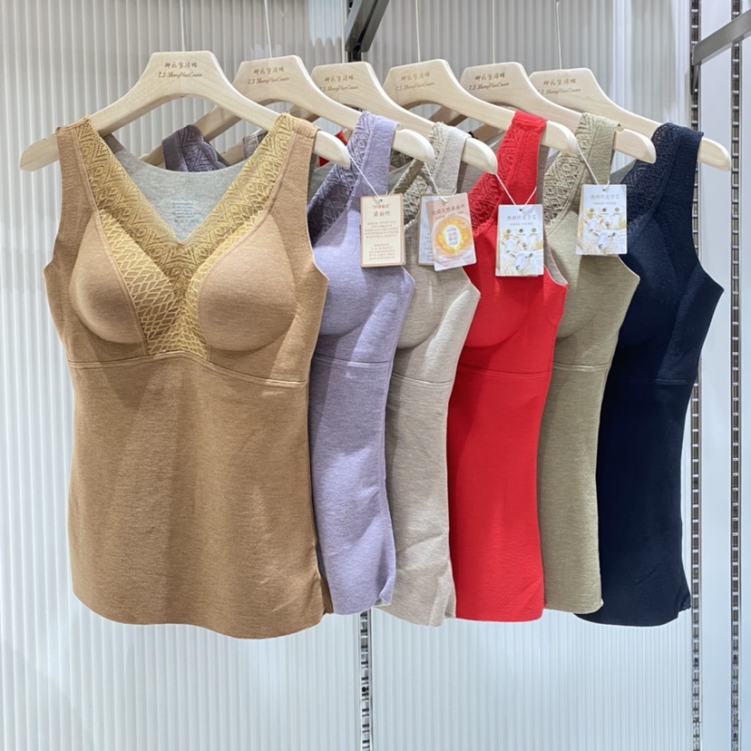 秋冬季1305女士V领润肤蚕丝羊毛背心德绒发热保暖带胸垫打底上衣