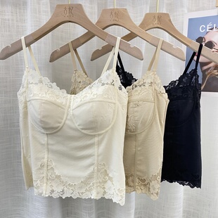古妃新款V领法式蕾丝中长款细带吊带大码美背抹胸文胸打底内衣女