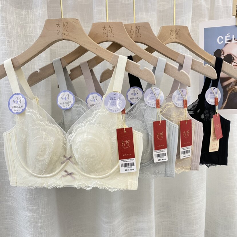 古妃兔耳水晶BC薄杯大胸显小软钢圈调整型收副乳蕾丝文胸内衣