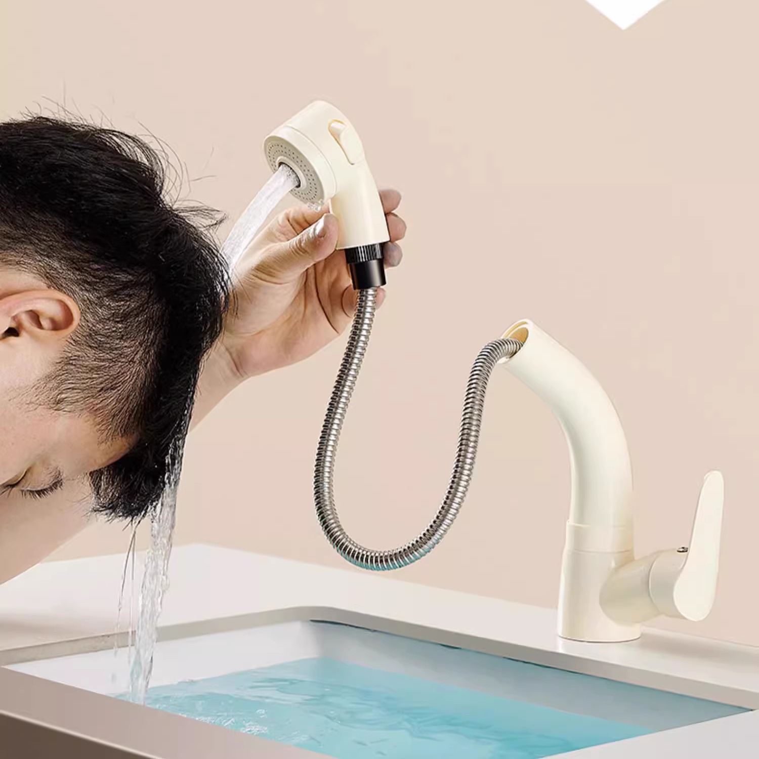 全铜体冷热抽拉式面盆水龙头台盆洗脸盆龙头升降伸缩洗头旋转黑色