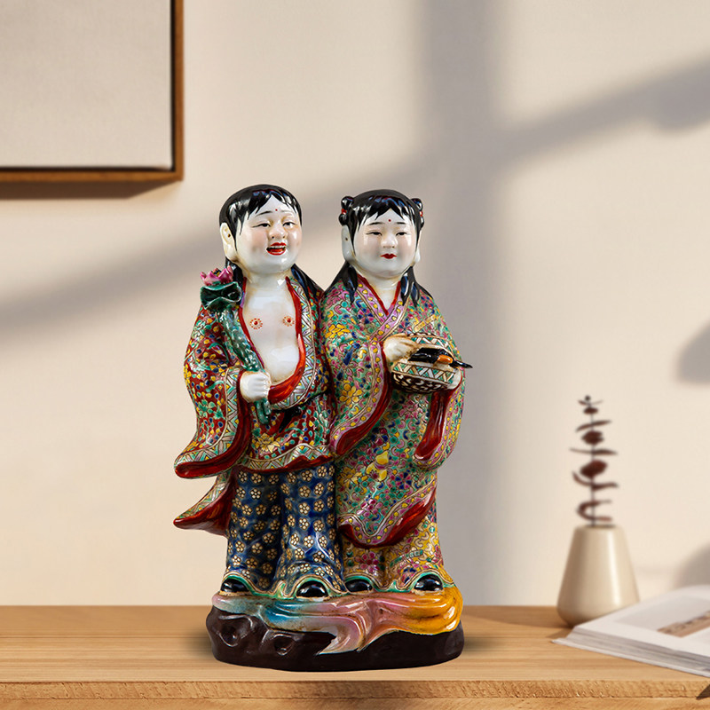 景德镇陶瓷雕塑和合人物摆件客厅酒柜电视柜装饰工艺家居饰品摆设