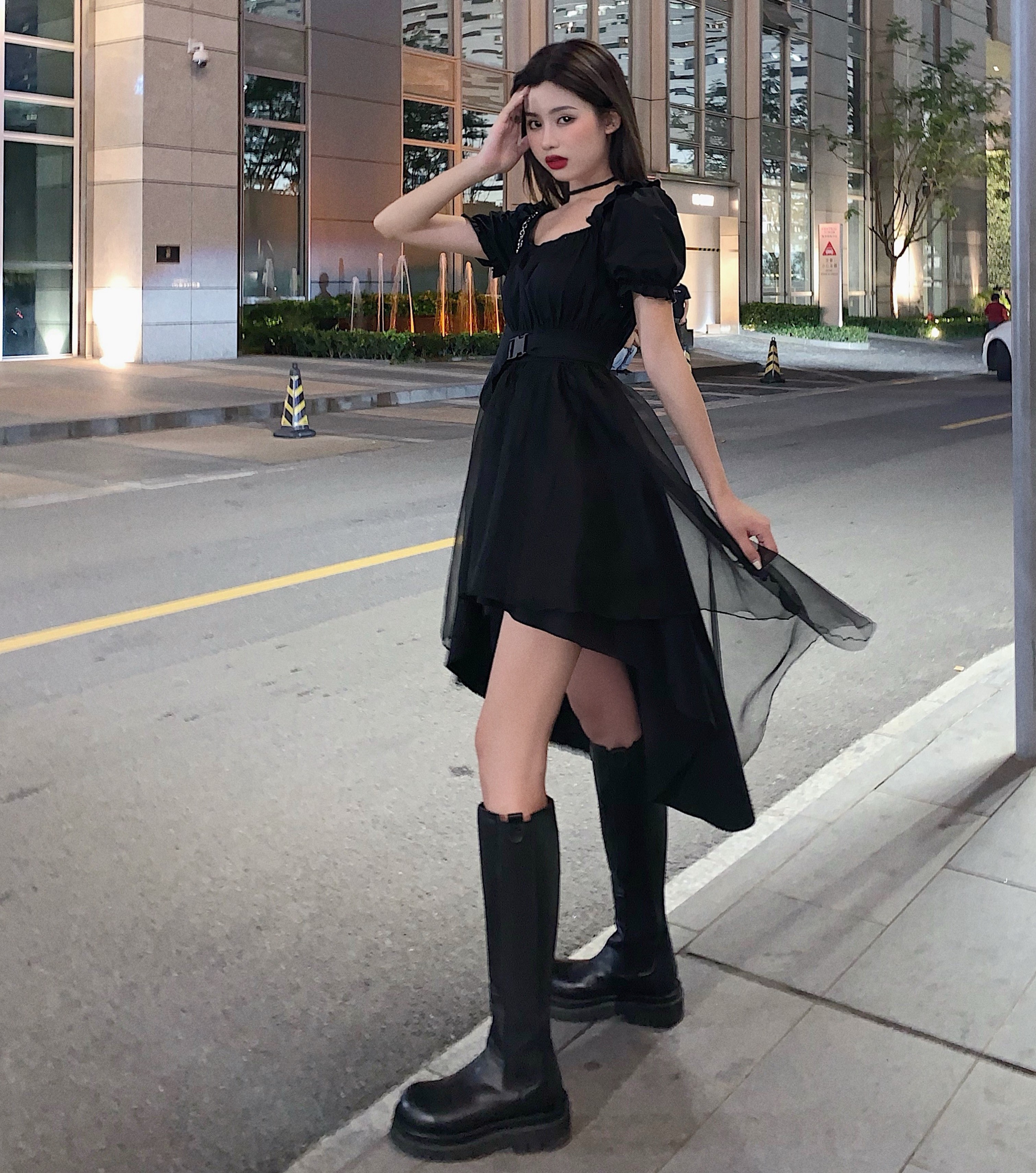 Real photo real price no less than 5 Dark system waist show thin design sense net red big swing Short Sleeve Dress