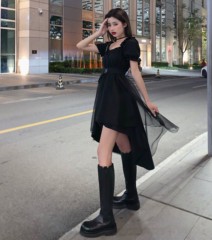 Real photo real price no less than 5 Dark system waist show thin design sense net red big swing Short Sleeve Dress