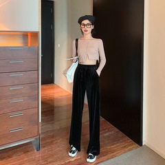 Real price short slit Long Sleeve Top + high waist velvet straight pants