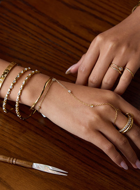 欧美跨境锆石连指手链不锈钢手镯戒指钛钢不掉色饰品女感